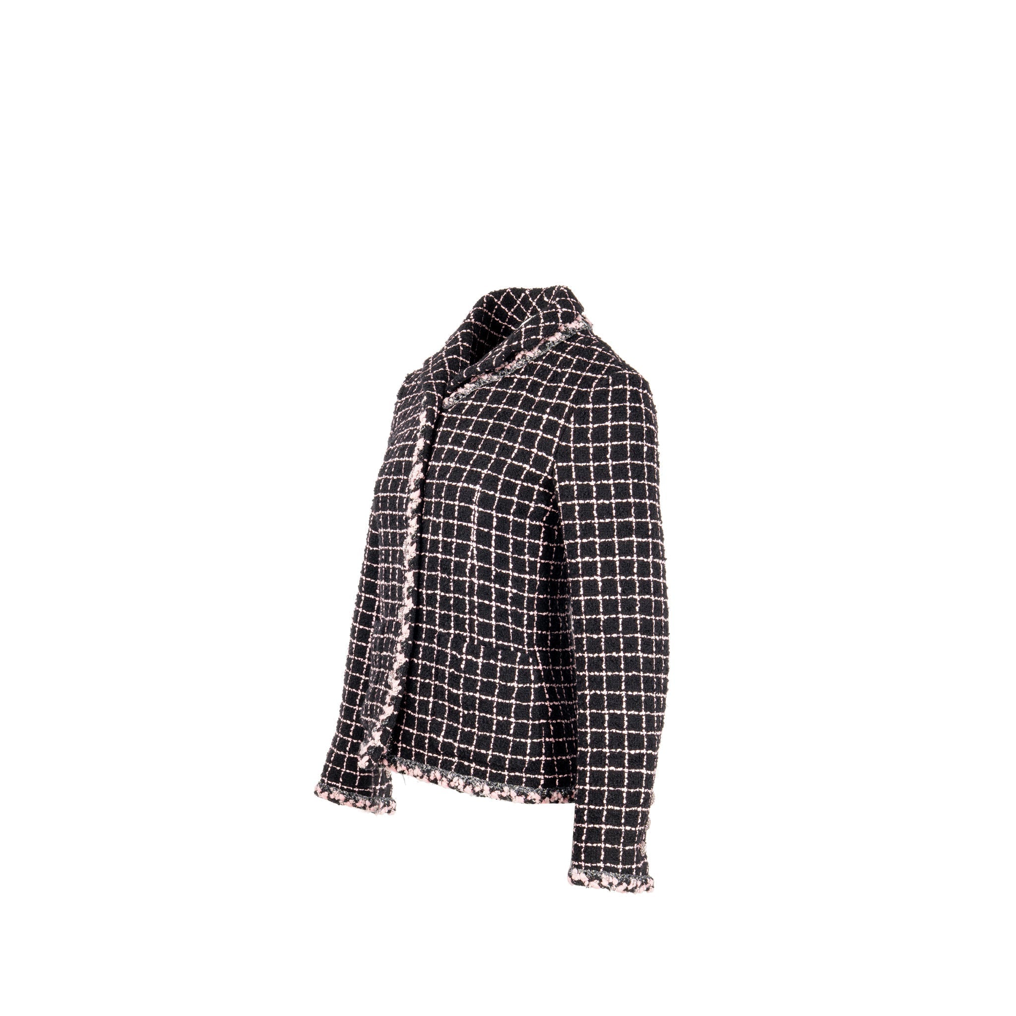 Chanel Size 36 Camellia Detailed Button Tweed Jacket Wool/Polyamide Black/Pink