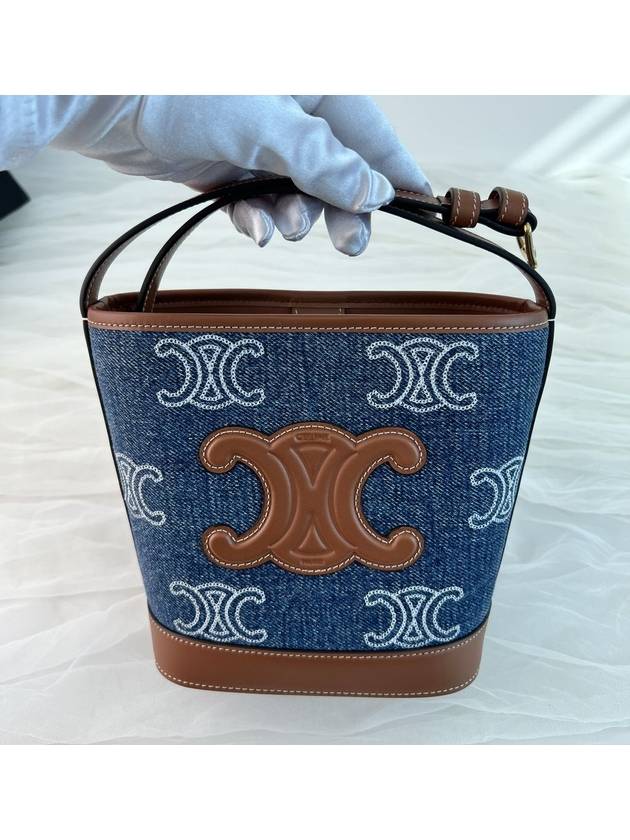 CELINE WoMen's Triomphe All Over Embroidered Calfskin Denim Mini Bucket Bag Tan Navy