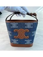 CELINE WoMen's Triomphe All Over Embroidered Calfskin Denim Mini Bucket Bag Tan Navy