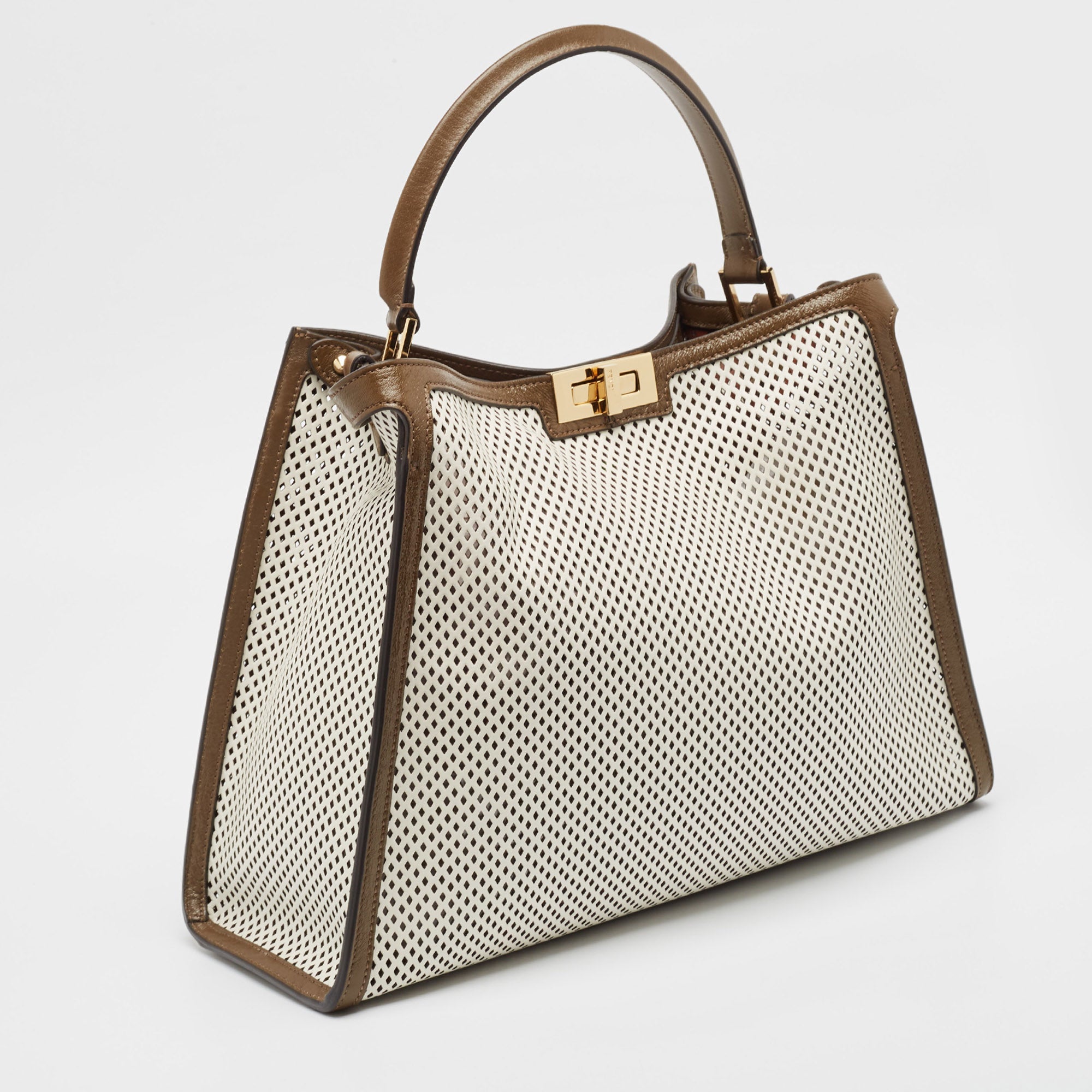 Fendi Khaki/white Perforated Leather Large X Lite Peekaboo Top Handle Bag