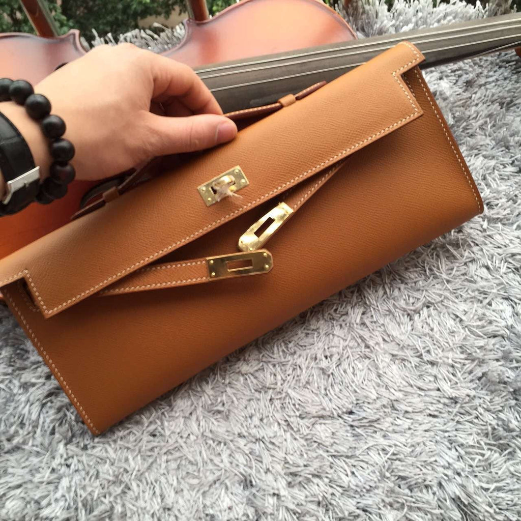Hermes Brown Handcrafted Kelly Cut Clutch