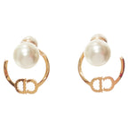 Dior Tribales Gold Metal Crystal Pave CD Orbital Faux Pearl Pin Earrings