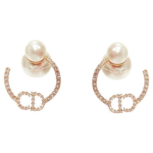 Dior Tribales Gold Metal Crystal Pave CD Orbital Faux Pearl Pin Earrings