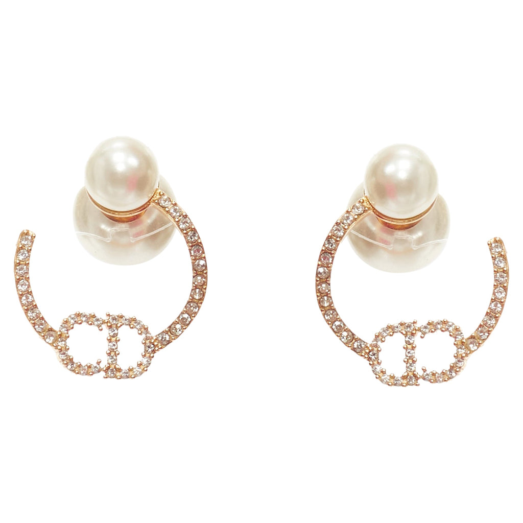 Dior Tribales Gold Metal Crystal Pave CD Orbital Faux Pearl Pin Earrings