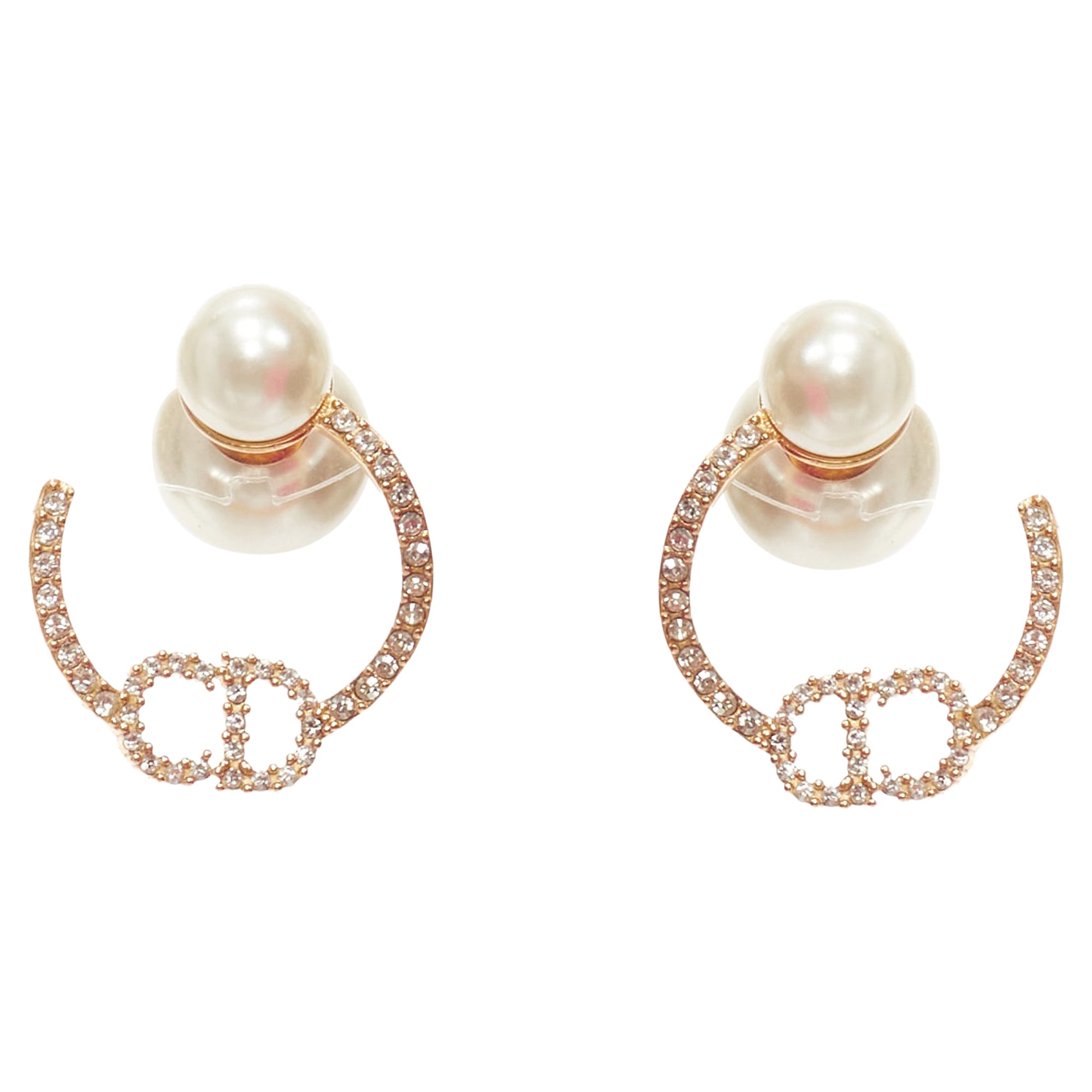 Dior Tribales Gold Metal Crystal Pave CD Orbital Faux Pearl Pin Earrings