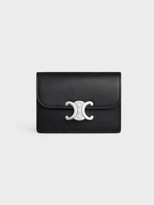 CELINE Triomphe Shiny Calfskin Flap Card Wallet Silver Black