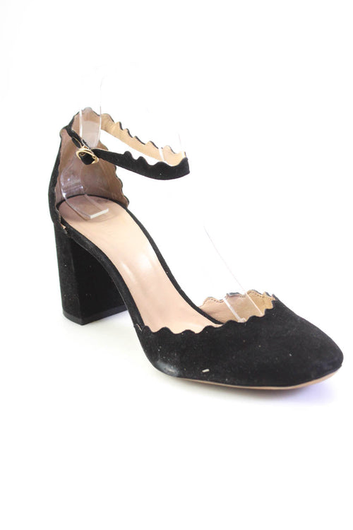 Chloe Womens Scalloped Suede Ankle Strap Block Heel Pumps Black Suede