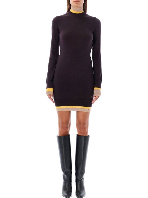 Fendi High Neck Wool Short Dress Dark Purple