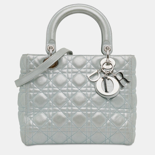 Dior Blue Tone Metallic Lambskin Leather Medium Cannage Lady Tote Bag