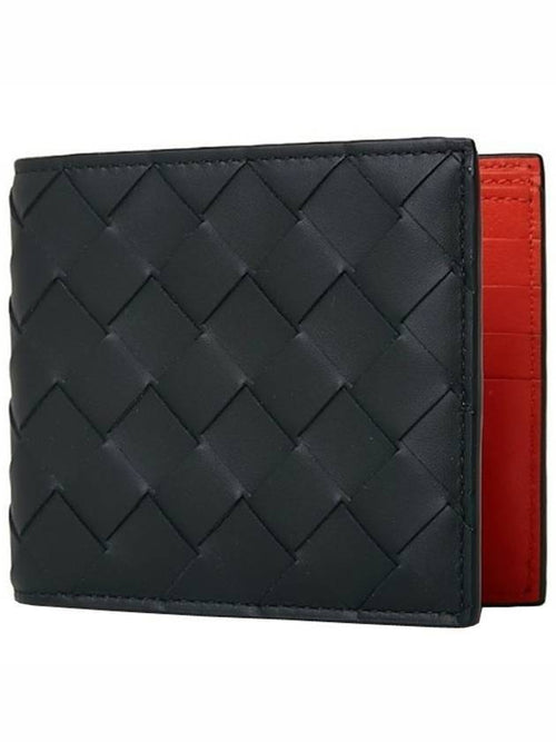 Bottega Veneta Men's Intrecciato Two Tone Leather Half Wallet Black