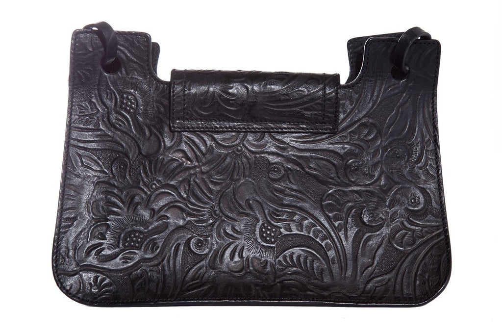 Fendi Vintage Black Leather Embossed Flower Handle Bag
