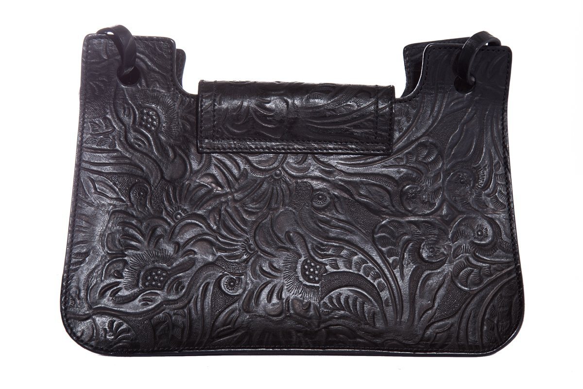 Fendi Vintage Black Leather Embossed Flower Handle Bag