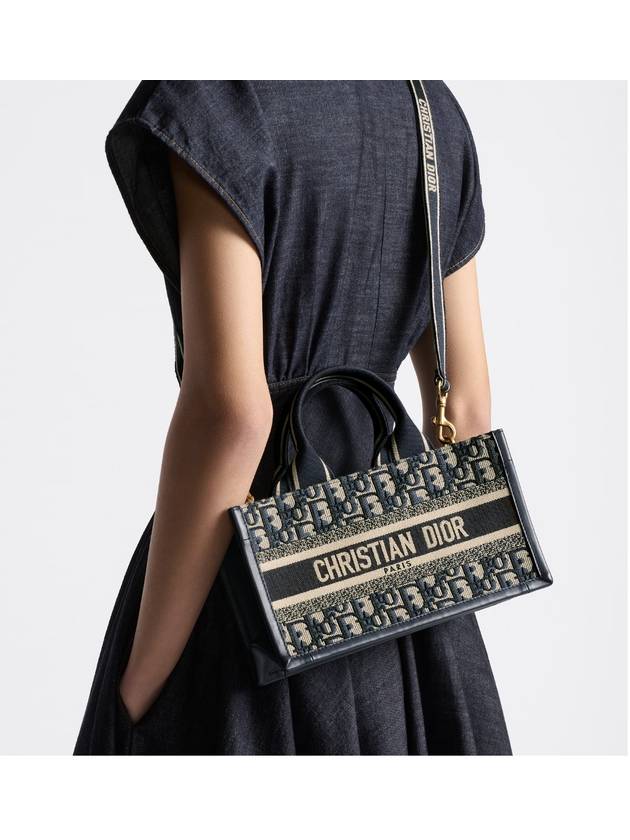 East West Oblique Embroidery Strap Book Tote Bag Blue Dior