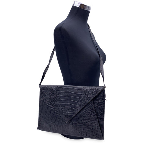 FENDI Vintage Black Embossed Portfolio Envelope Clutch Bag With Strap
