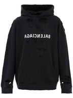 Balenciaga Mirror Distressed Cotton Hoodie Black