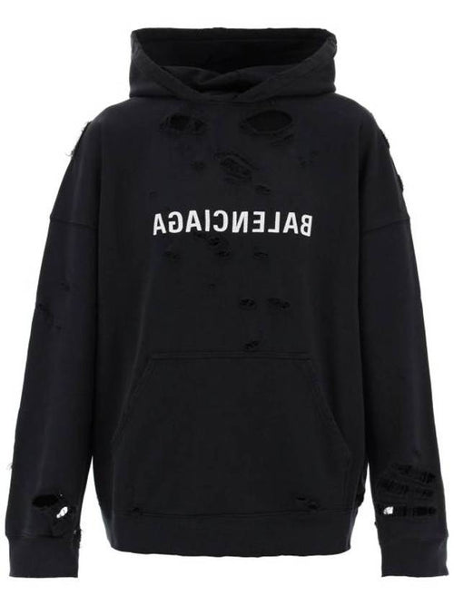 Balenciaga Mirror Distressed Cotton Hoodie Black