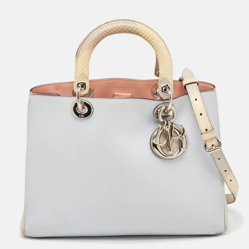Dior Light Blue/Cream Leather and Python Medium Diorissimo Shopper Tote