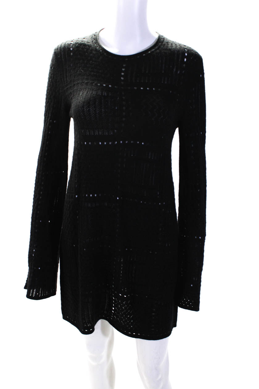 Chloe Womens Black Wool Open Knit Crew Neck Long Sleeve Sweater Dress