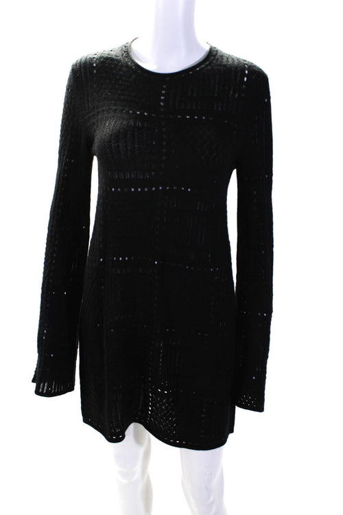 Chloe Womens Black Wool Open Knit Crew Neck Long Sleeve Sweater Dress