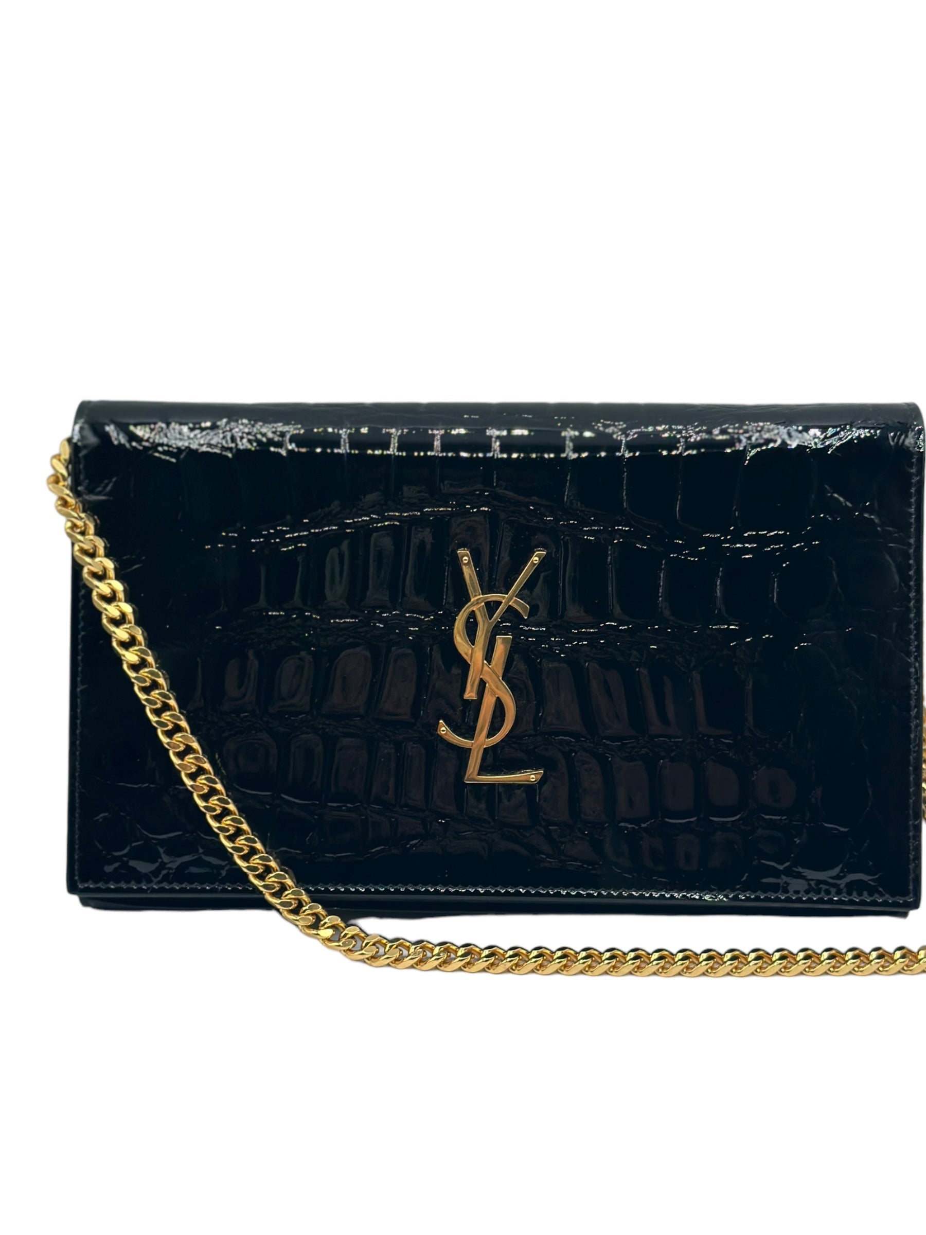 SAINT LAURENT - Monogramme Embossed Croc Chain Wallet