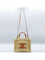 CELINE 199162 Brown Leather Raffia Triope Thais Small Cabas Tote Bag Shoulder Strap 2WAY
