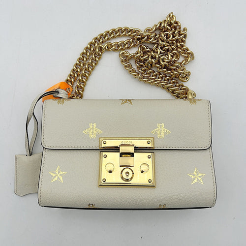 GUCCI Grained Calfskin Bee Star Small Padlock Shoulder Bag White  2506222502