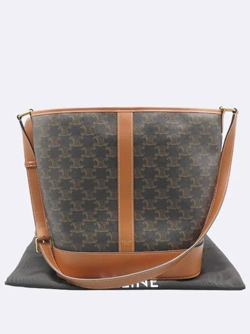 CELINE 191132 Triope Canvas Brown Calfskin Medium Bucket Shoulder Bag