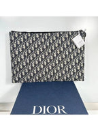 Oblique Jacquard A4 Pouch Clutch Bag Beige Black Dior