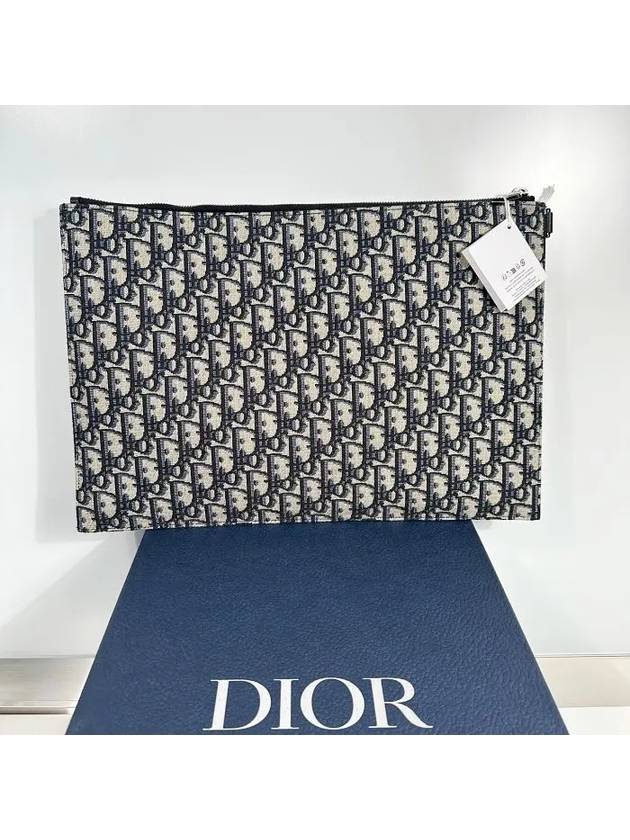 Oblique Jacquard A4 Pouch Clutch Bag Beige Black Dior