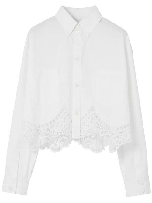 Burberry Women's Macrame Lace Hem Cropped Cotton Shirt Uptic White