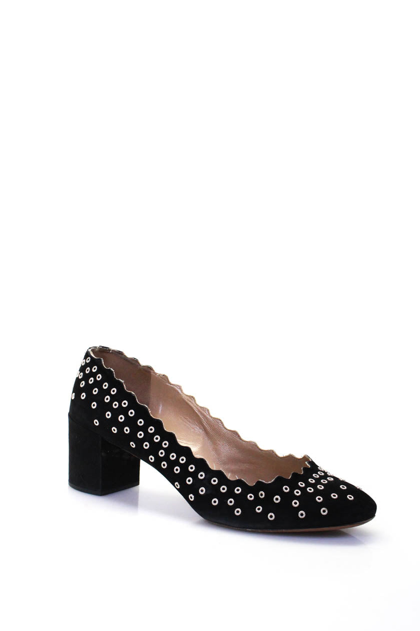 Chloe Womens Metallic Suede Spotted Round Toe Heels Pumps Black
