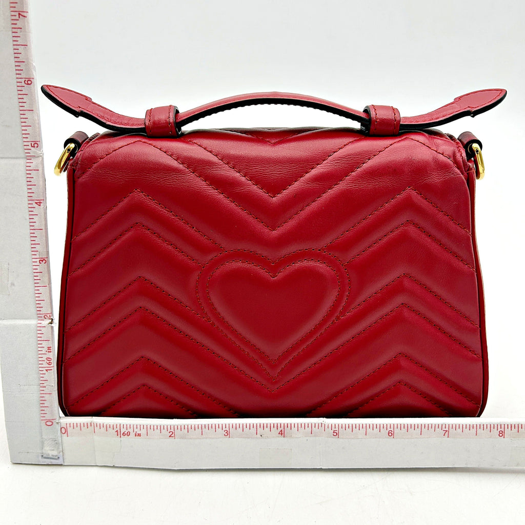 GUCCI Calfskin Matelasse Mini GG Marmont Top Handle Shoulder Bag Hibiscus Red LA24179