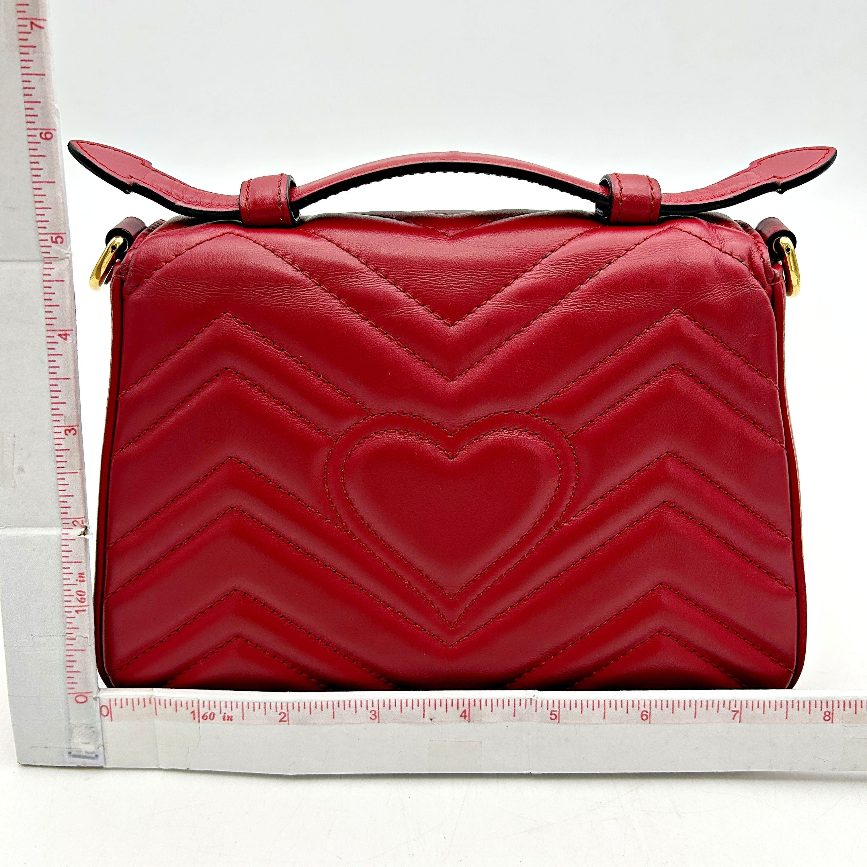 GUCCI Calfskin Matelasse Mini GG Marmont Top Handle Shoulder Bag Hibiscus Red LA24179
