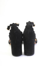 Chloe Womens Scalloped Suede Ankle Strap Block Heel Pumps Black Suede