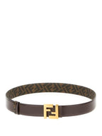 Fendi FF Square Buckle Reversible Leather Canvas Belt Brown