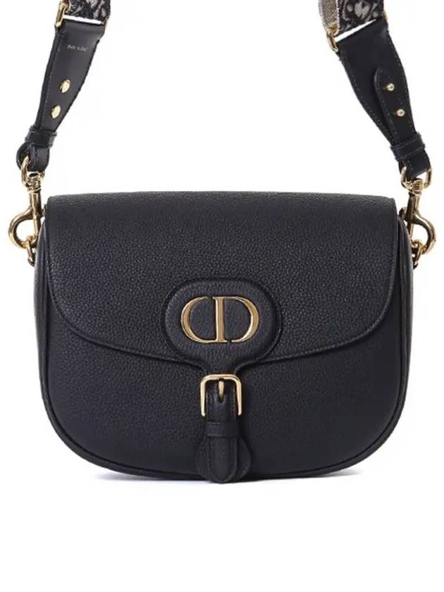 Bobby Grained Calfskin Oblique Embroidered Strap Large Shoulder Bag Black Dior