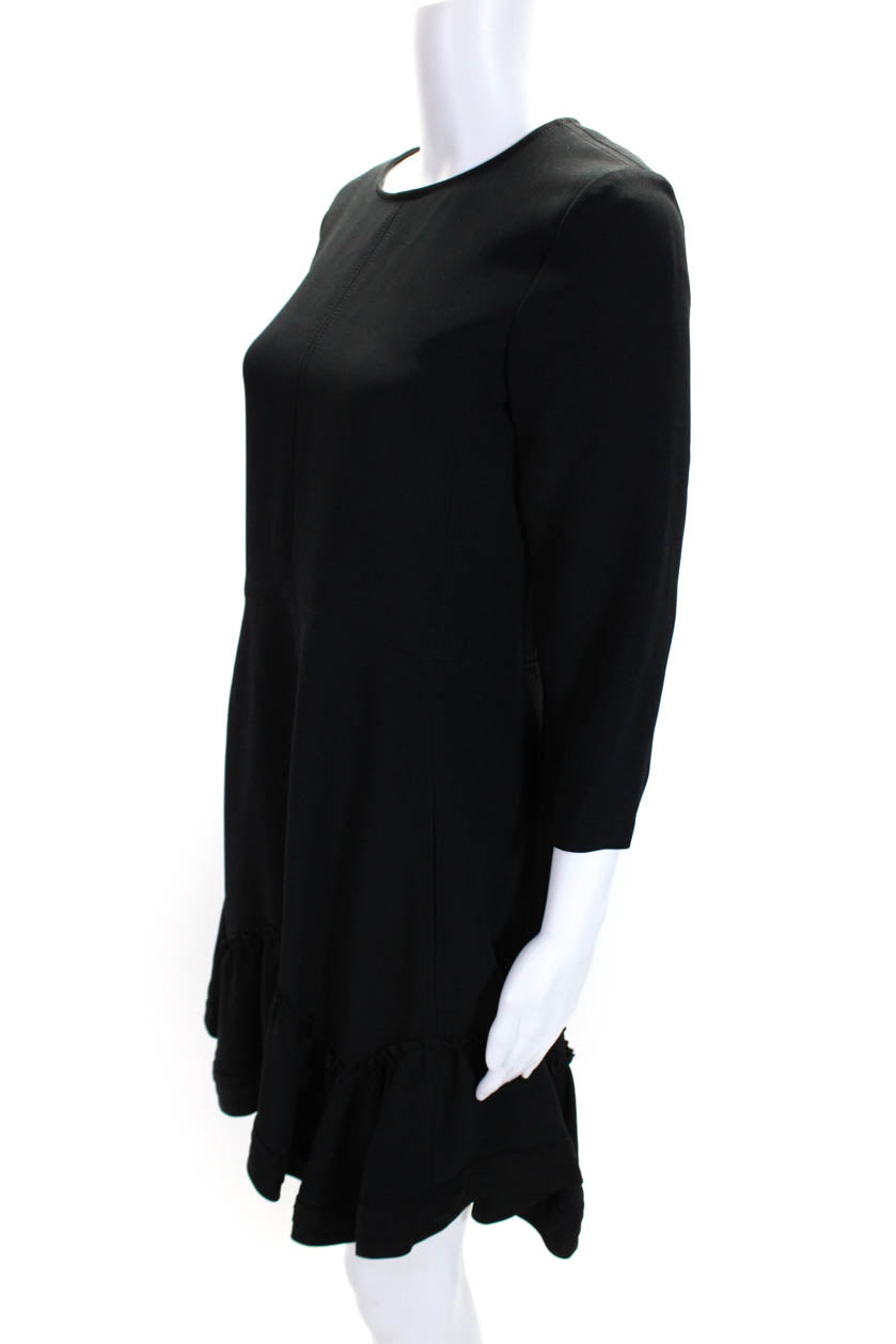 Chloe Womens Back Zip 3/4 Sleeve Crew Neck Ruffled Dress Black Silk