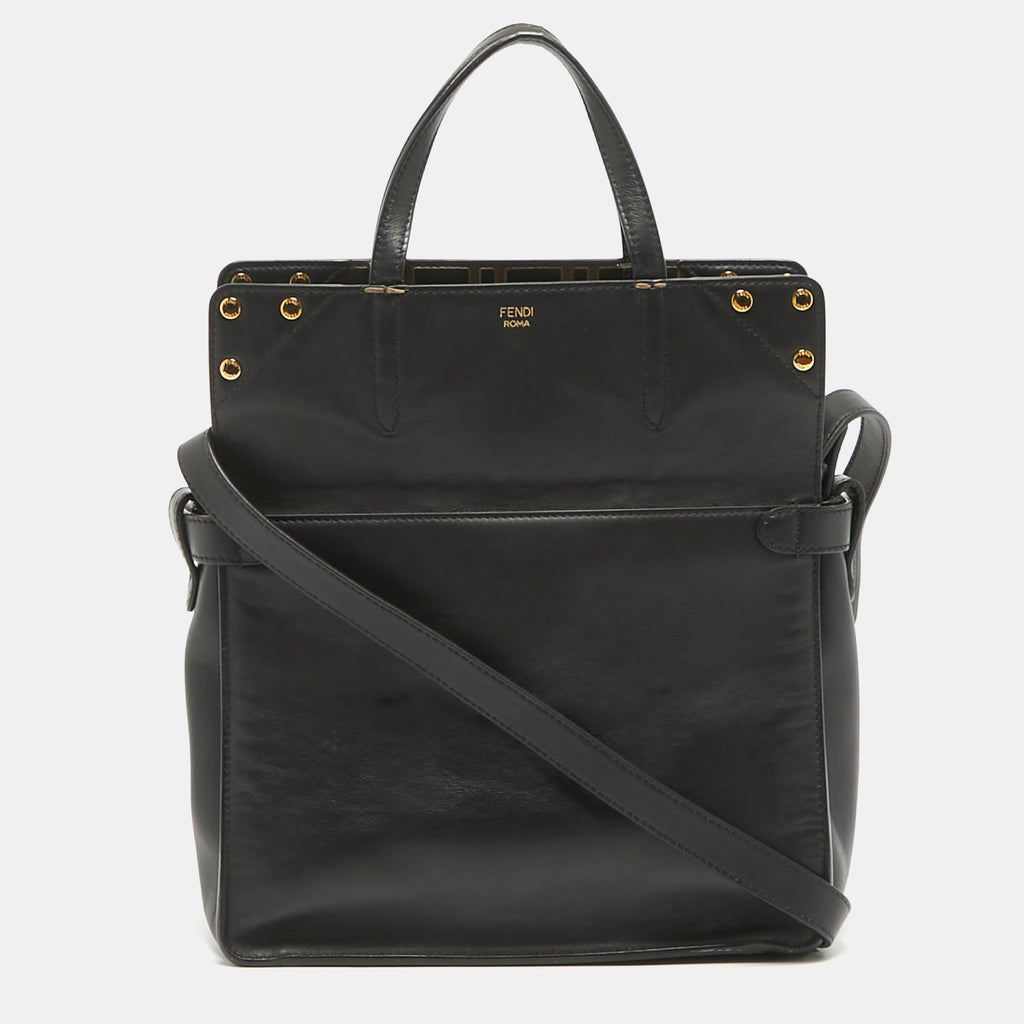 Fendi Black/brown Ff Leather Grace Flip Tote