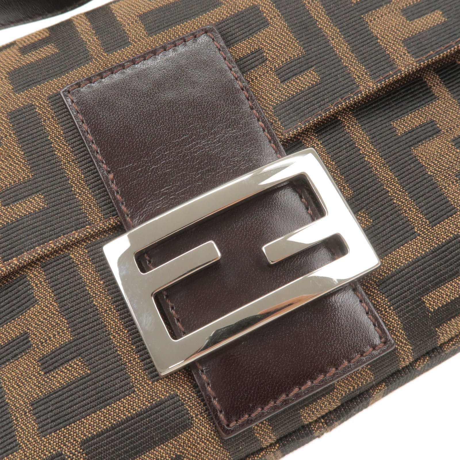 FENDI Zucca Mamma Baguette Canvas Leather Shoulder Bag Brown 26424