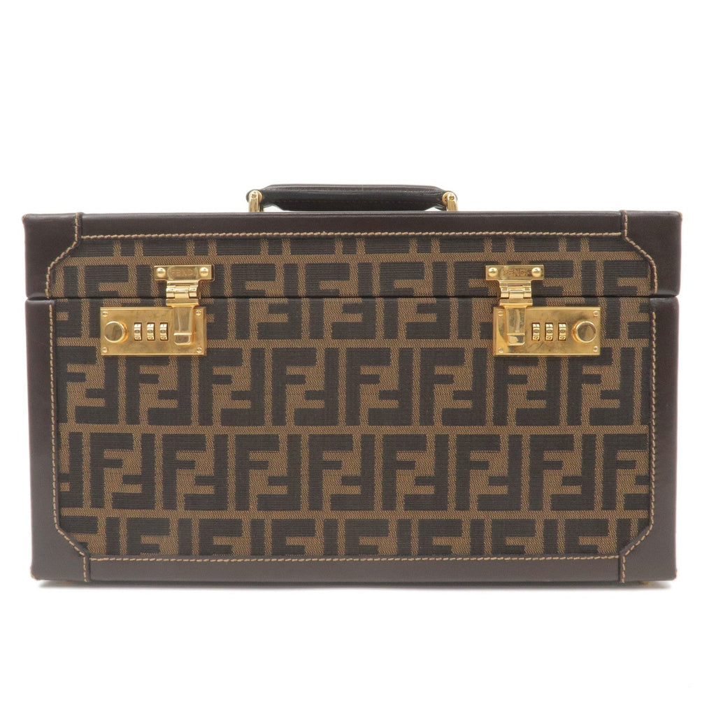 FENDI Zucca Canvas Leather Vanity Bag Makeup Box Khaki Black