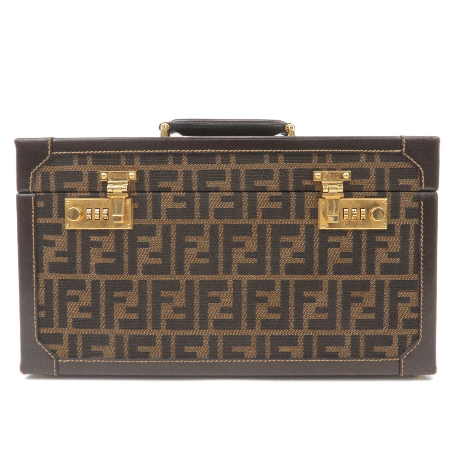 FENDI Zucca Canvas Leather Vanity Bag Makeup Box Khaki Black