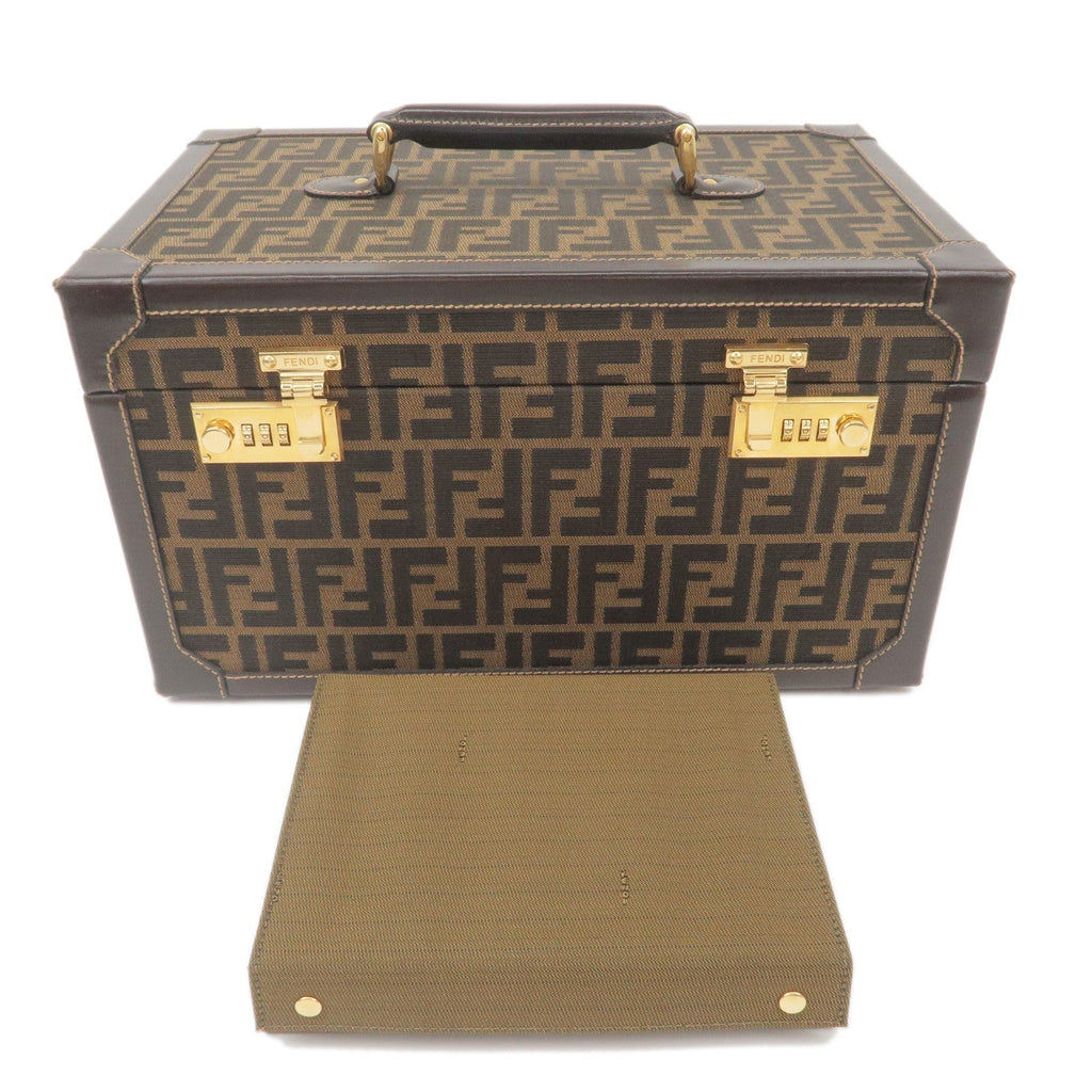 FENDI Zucca Canvas Leather Vanity Bag Makeup Box Khaki Black