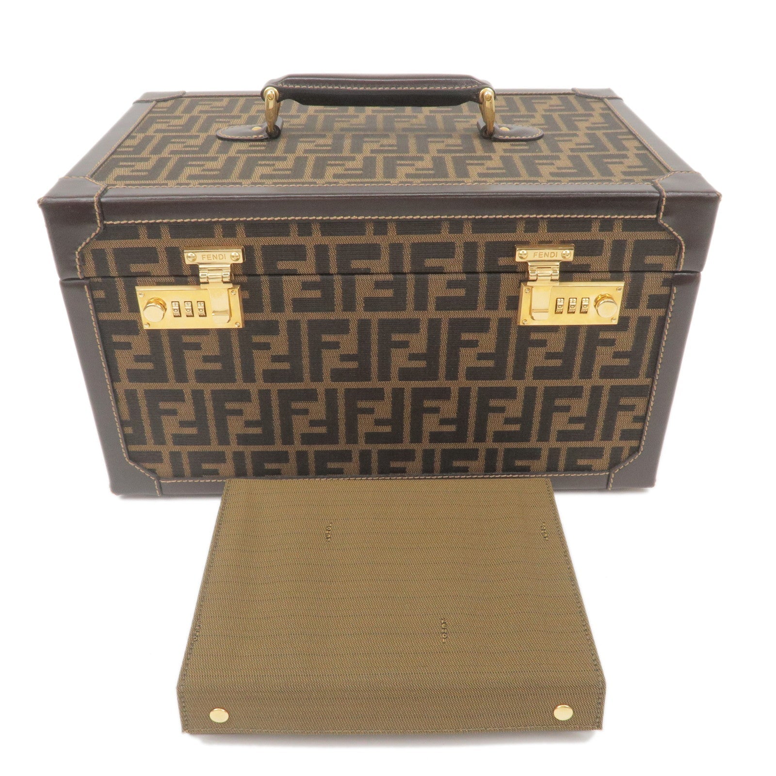 FENDI Zucca Canvas Leather Vanity Bag Makeup Box Khaki Black
