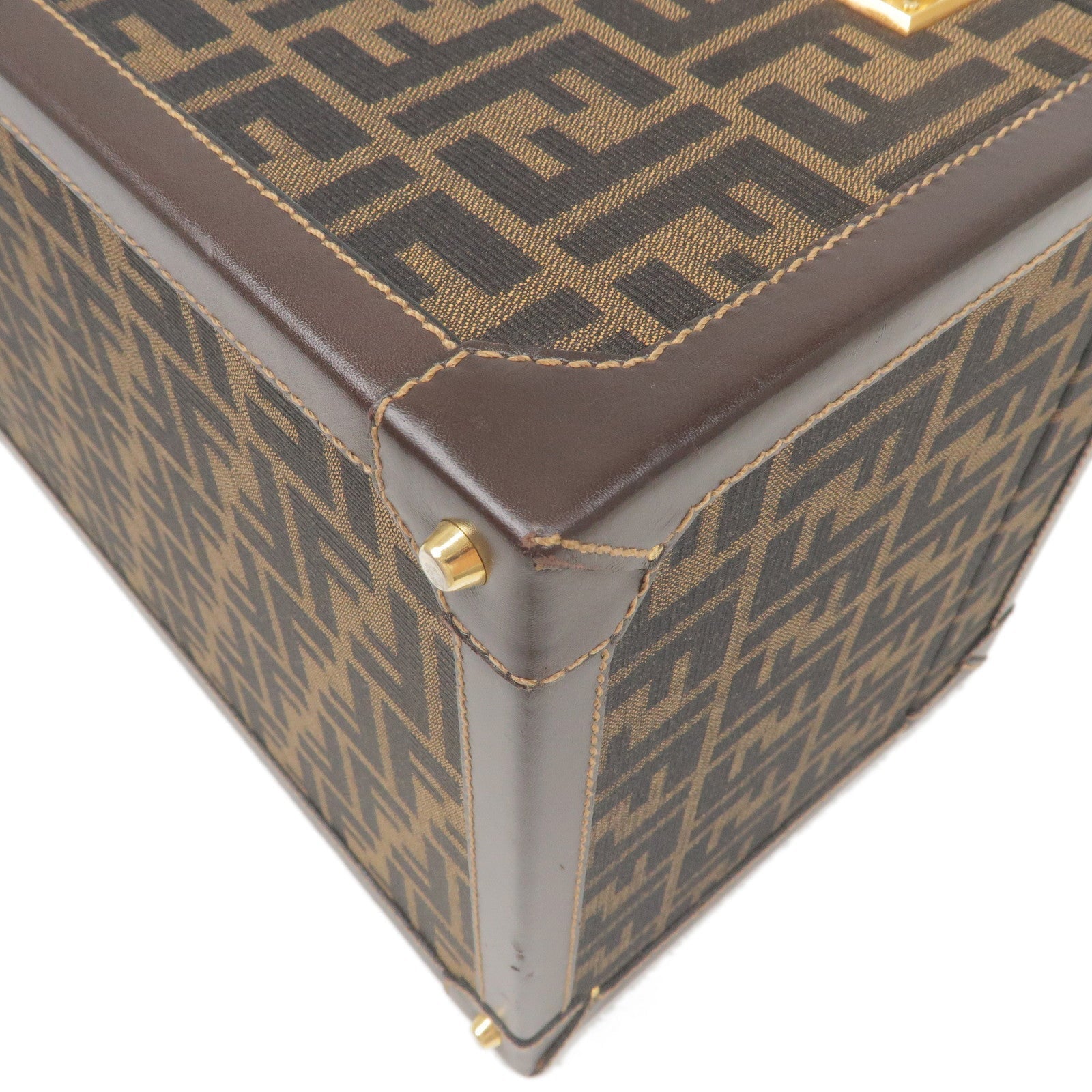 FENDI Zucca Canvas Leather Vanity Bag Makeup Box Khaki Black