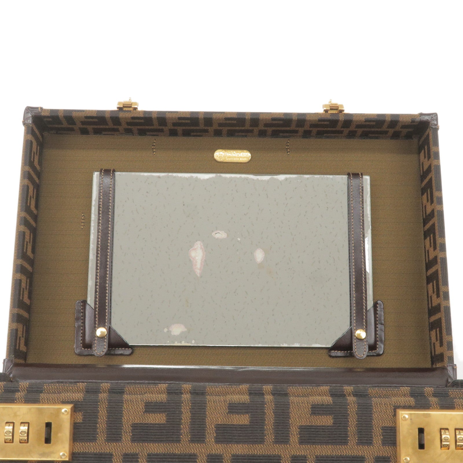 FENDI Zucca Canvas Leather Vanity Bag Makeup Box Khaki Black