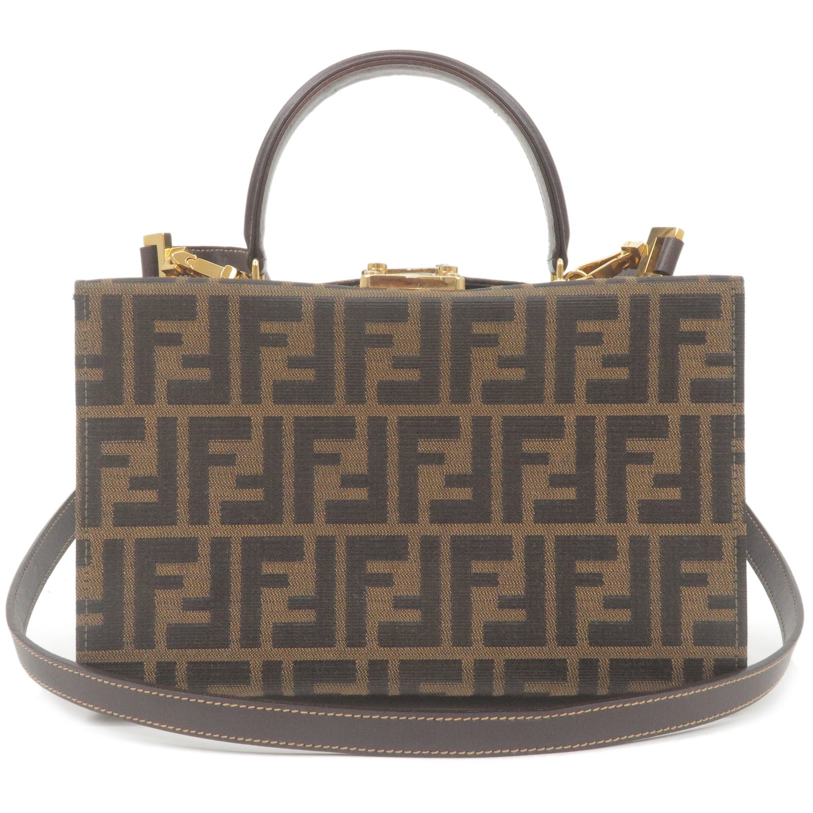 FENDI Zucca Canvas Leather Vanity Bag Khaki Black Brown 14548