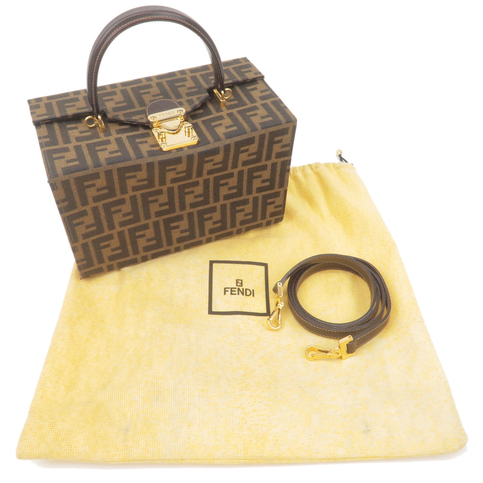 FENDI Zucca Canvas Leather Vanity Bag Khaki Black Brown 14548