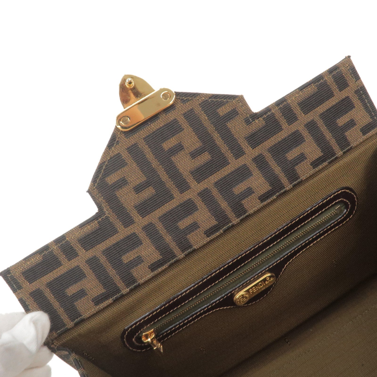 FENDI Zucca Canvas Leather Vanity Bag Khaki Black Brown 14548