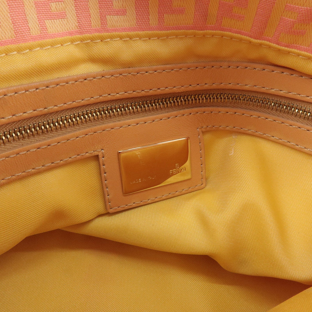 FENDI Zucchino Mamma Baguette Canvas Leather Bag Beige Pink 8BR001
