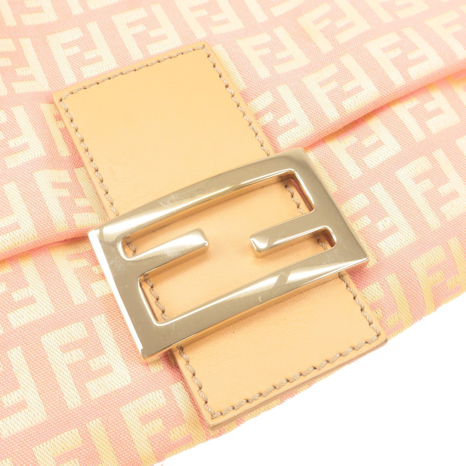 FENDI Zucchino Mamma Baguette Canvas Leather Bag Beige Pink 8BR001